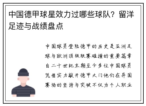 中国德甲球星效力过哪些球队？留洋足迹与战绩盘点